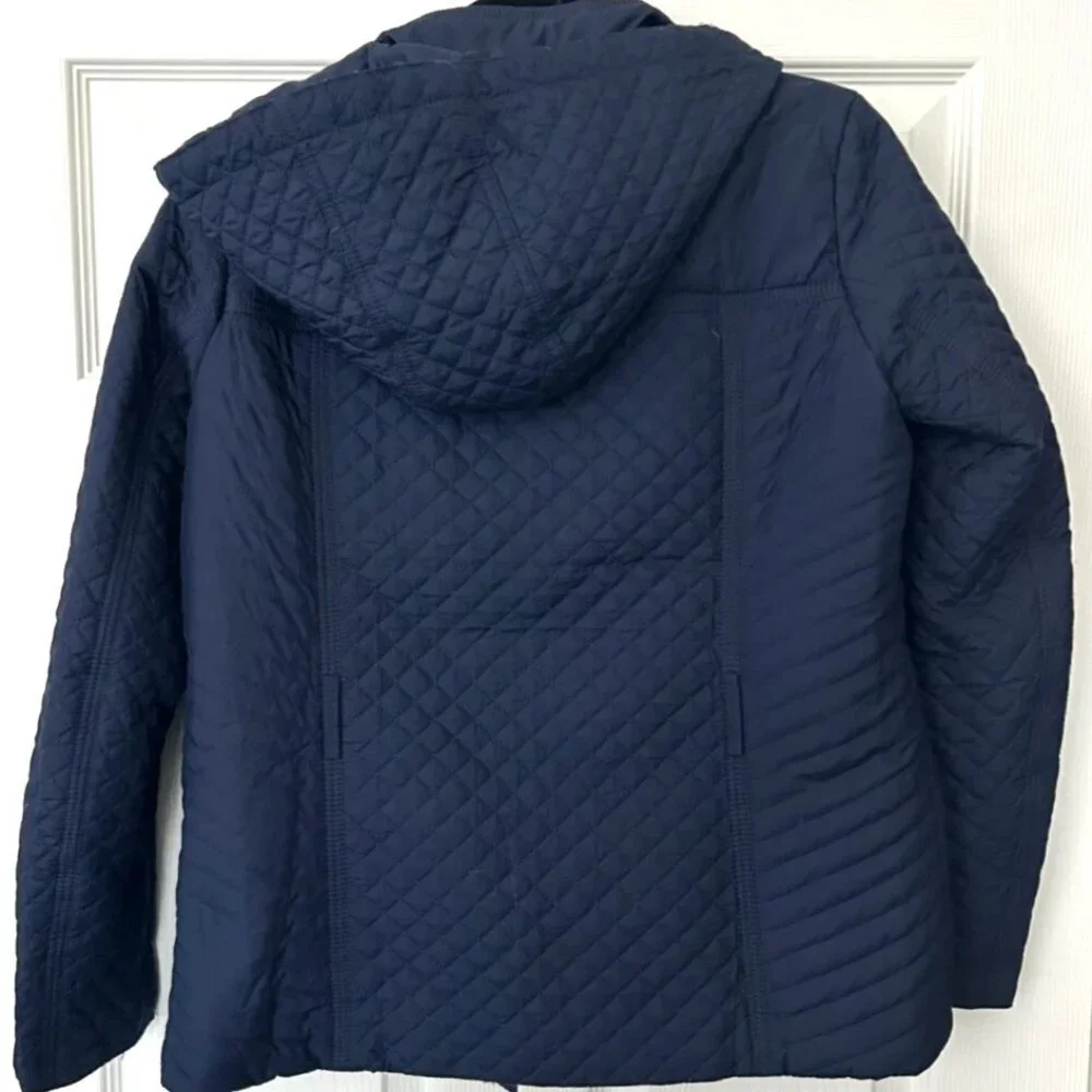 Tommy Hilfiger Women’s Quilted Barn Jacket Blue Hooded Zip Snap Coat Medium M